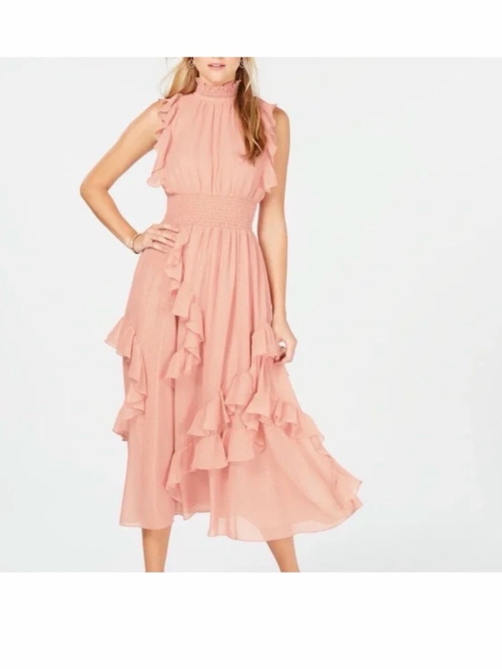 Avec Les Filles Women's Mock Neck Ruffle Smocked Maxi Dress Blush Pink Size 14